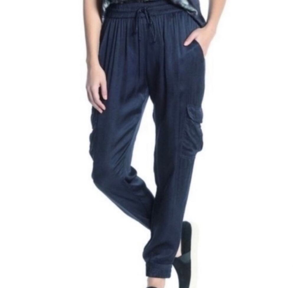 Young Broke Fabulous Satin Cargo Joggers Pants Navy Blue Medium Elastic Waist
